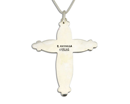 Zuni Handmade Cross Necklace 925 Silver Natural Gemstone Signed E Kaskalla C.80s
