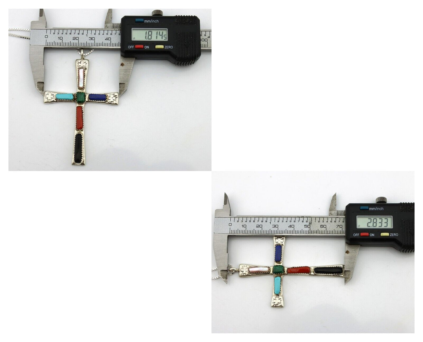 Zuni Handmade Cross Necklace 925 Silver Natural Gemstone Signed W. IULE C.80's