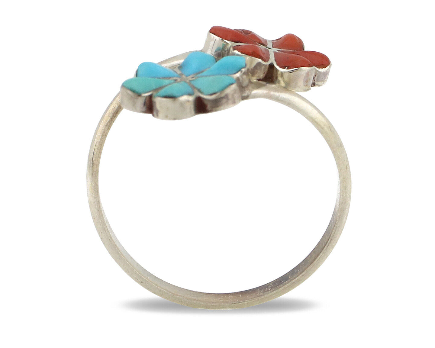 Zuni Flower Ring 925 Silver Turquoise & Coral Native American Artist C.80's
