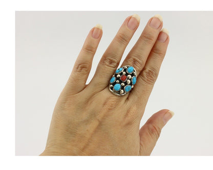 Navajo Ring 925 Silver Blue Turquiose & Coral Artist Signed Elgin Hoskey C.80's