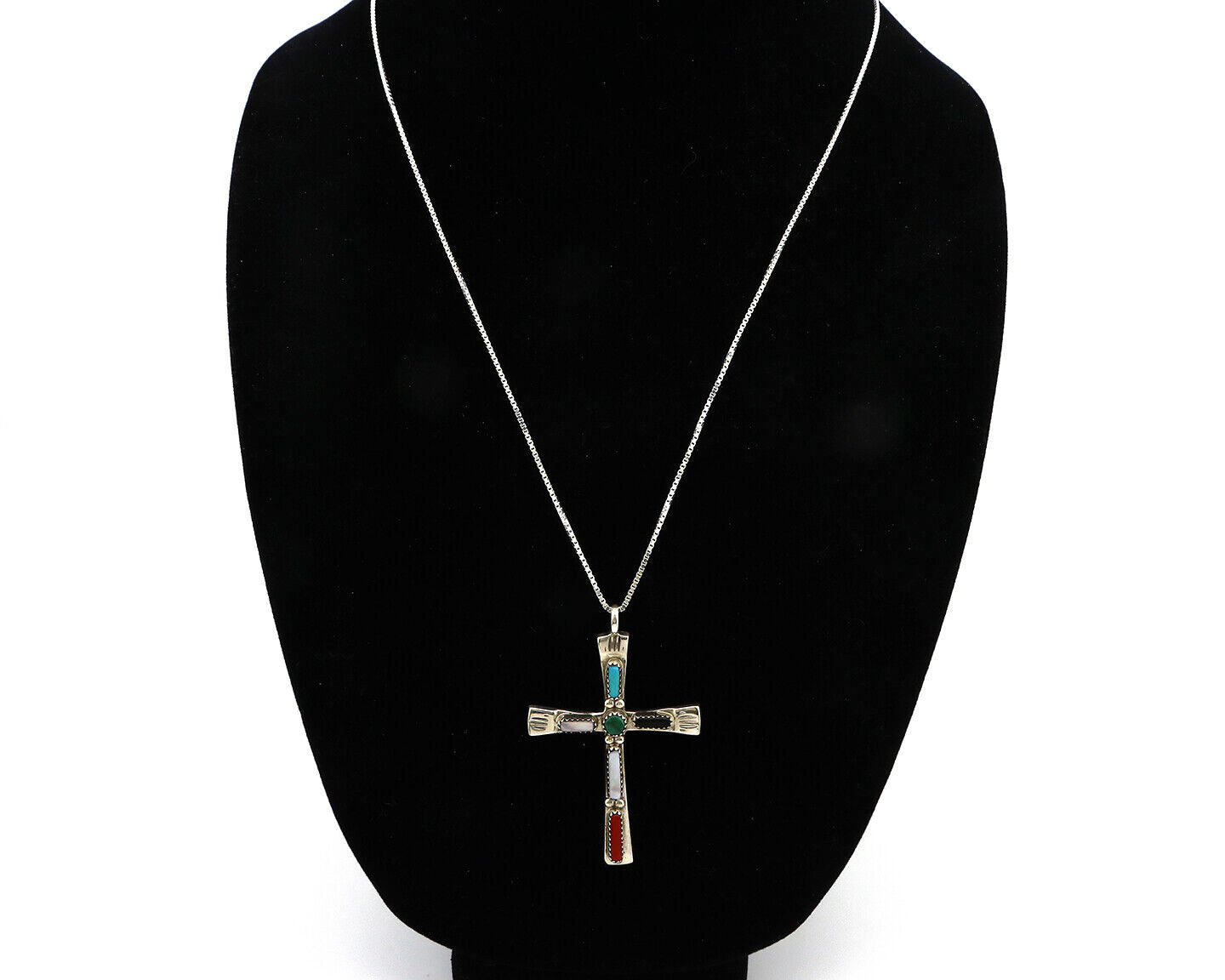 Zuni Handmade Cross Necklace 925 Silver Natural Gemstone Signed C. IULE C.80's