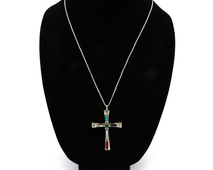 Zuni Handmade Cross Necklace 925 Silver Natural Gemstone Signed C. IULE C.80's