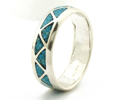 Navajo Chip Inlay Ring 925 Silver Sleeping Beauty Turquoise Artist Silver Cloud