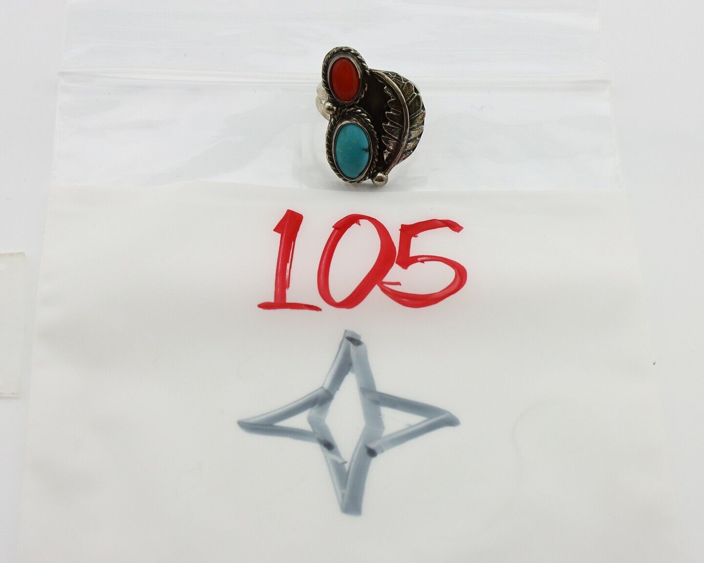 Navajo Handmade Ring 925 Silver Turquiose & Coral Native American Artist C.80's