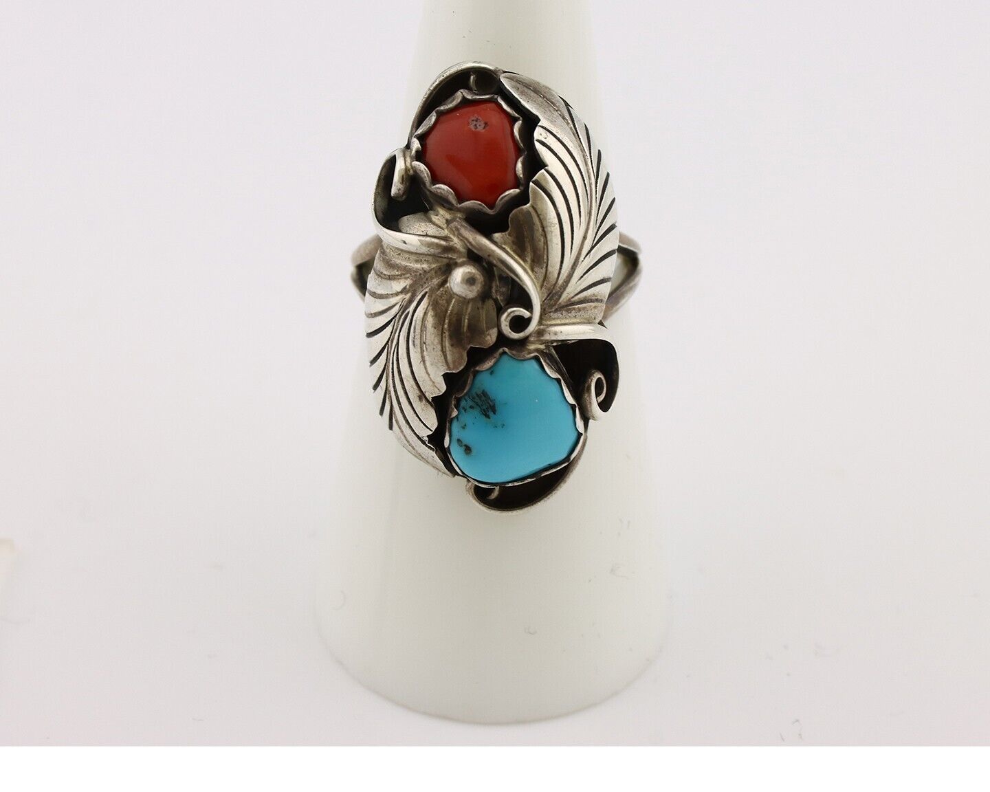Navajo Handmade Ring 925 Silver Turquiose & Coral Artist Signed E C.80's