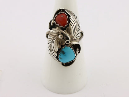 Navajo Handmade Ring 925 Silver Turquiose & Coral Artist Signed E C.80's