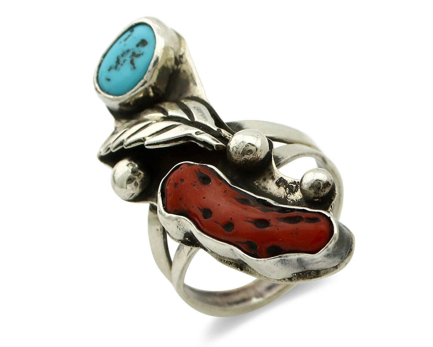 Navajo Ring 925 Silver Coral & Sleeping Beauty Turquoise Native Artist C.80's