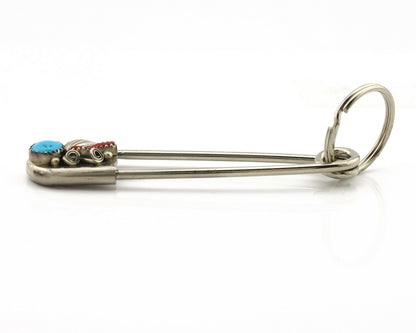 Navajo Handmade Key Chain .925 Silver Blue Turquoise & Coral Native Artist C80s