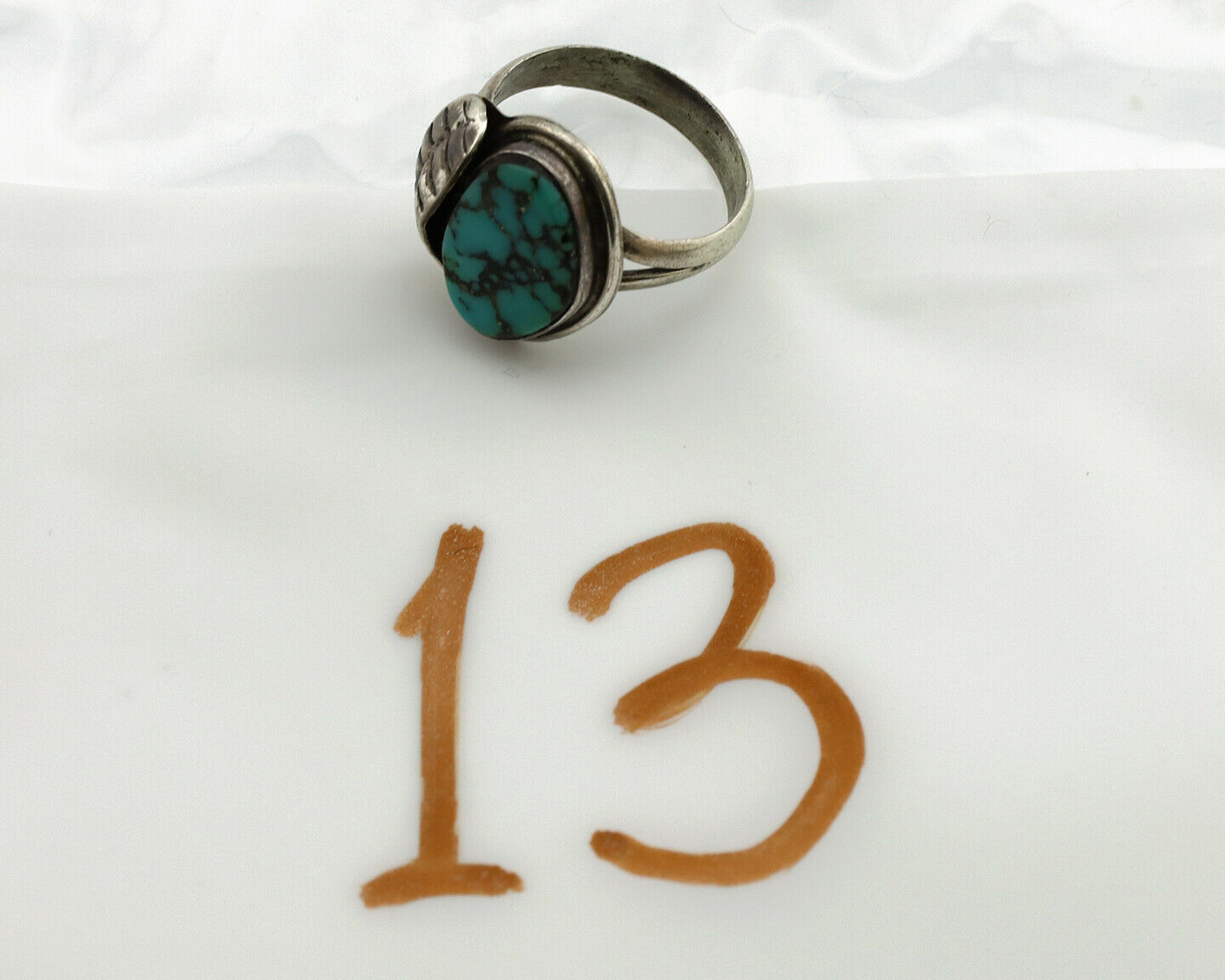 Navajo Ring .925 Silver Spiderweb Turquoise Artist Signed CG01 C.1980's