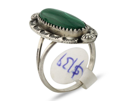 Navajo Ring .925 Silver Malachite Hand Stamped Signed Herman Lee C.80's