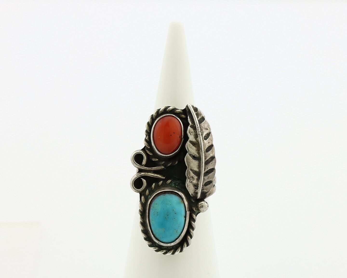 Navajo Handmade Ring 925 Silver Turquiose & Coral Native American Artist C.80's