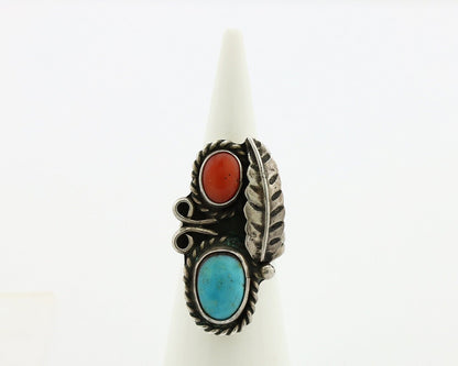 Navajo Handmade Ring 925 Silver Turquiose & Coral Native American Artist C.80's