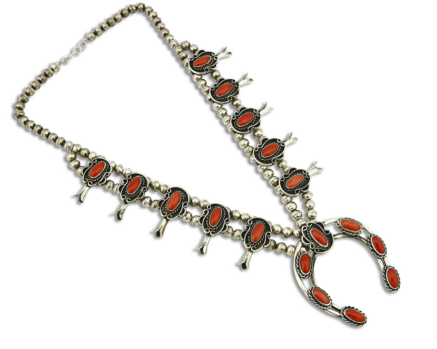 Woman's Navajo Squash Necklace .925 Silver Red Coral C.80's
