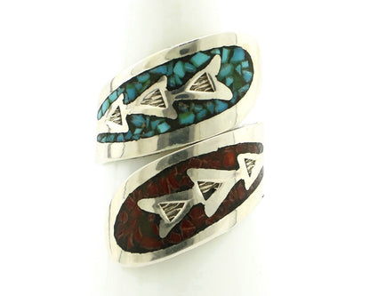 Navajo Chip Inlay Ring 925 Silver Turquoise & Coral Artist Native Artist C.80's