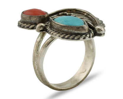 Navajo Handmade Ring 925 Silver Turquiose & Coral Native American Artist C.80's
