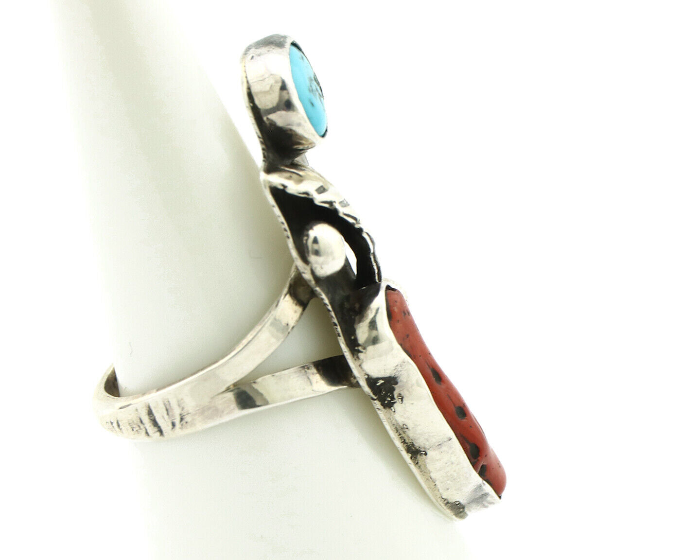 Navajo Ring 925 Silver Coral & Sleeping Beauty Turquoise Native Artist C.80's