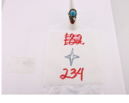 Navajo Ring 925 Silver Blue Turquiose & Coral Artist Signed Justin Morris C.80's