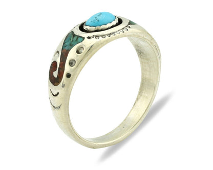 Navajo Handmade Ring 925 Silver Blue Turquoise & Coral Native American C.80's