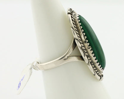 Navajo Ring .925 Silver Malachite Hand Stamped Native American Artist C.80's