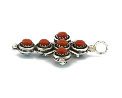 Zuni Natural Turquoise and Coral Reversible 925 Silver Handmade Pendant