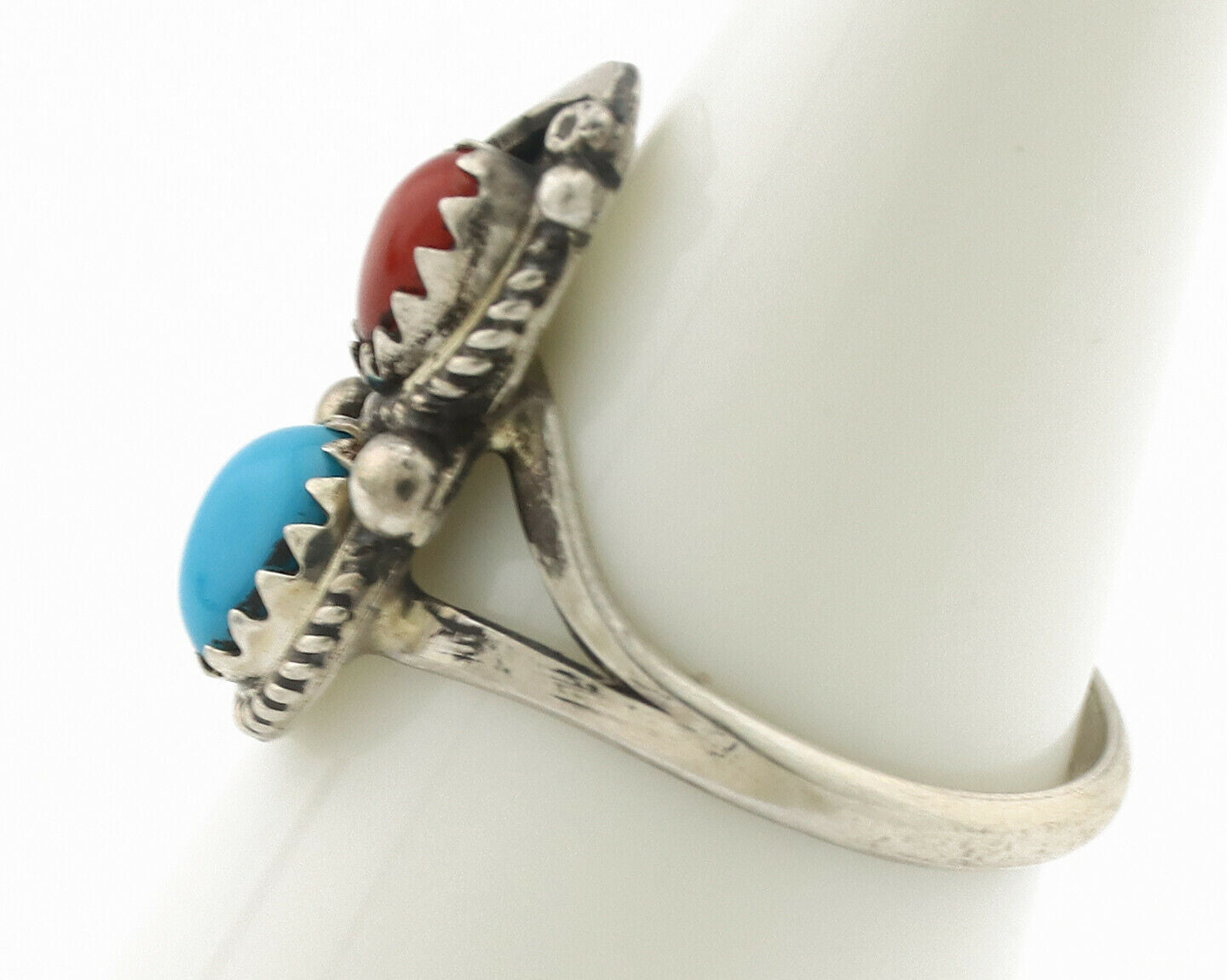 Navajo Ring .925 Silver Morenci Turquoise & Coral Native Artist Signed JM C.80's