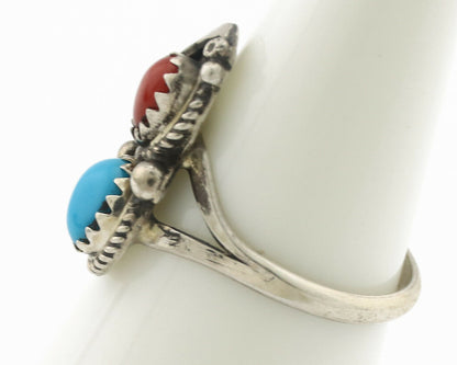 Navajo Ring .925 Silver Morenci Turquoise & Coral Native Artist Signed JM C.80's