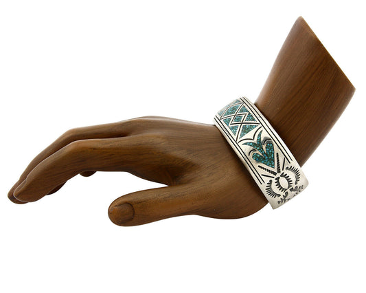 Navajo Bracelet .925 Silver Turquoise Gemstone Cuff Inlaid Signed C.80's