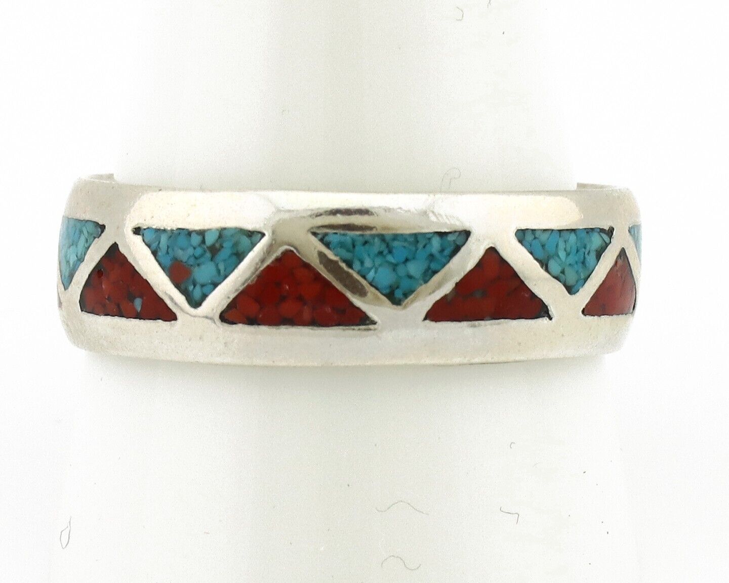Navajo Chip Inlay Ring 925 Silver Sleeping Beauty Turquoise & Coral Silver Cloud