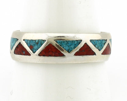 Navajo Chip Inlay Ring 925 Silver Sleeping Beauty Turquoise & Coral Silver Cloud