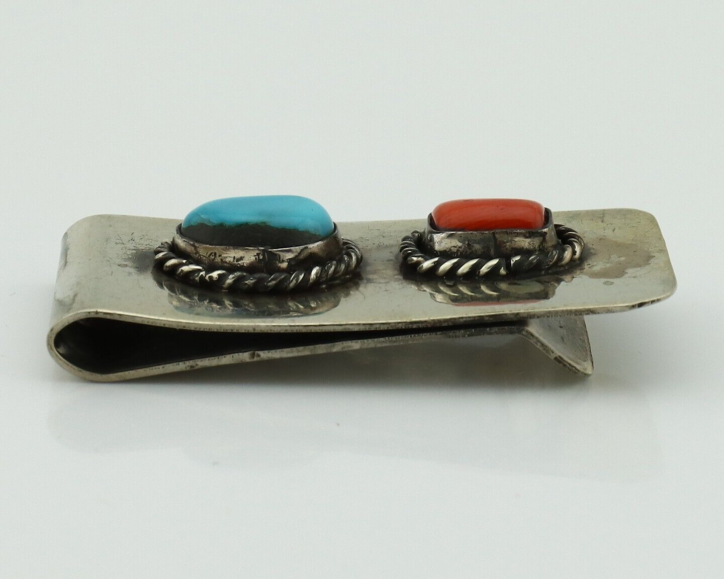 Navajo Money Clip 925 Silver & 999 Nickel Natural Turquoise & Coral Artist C80