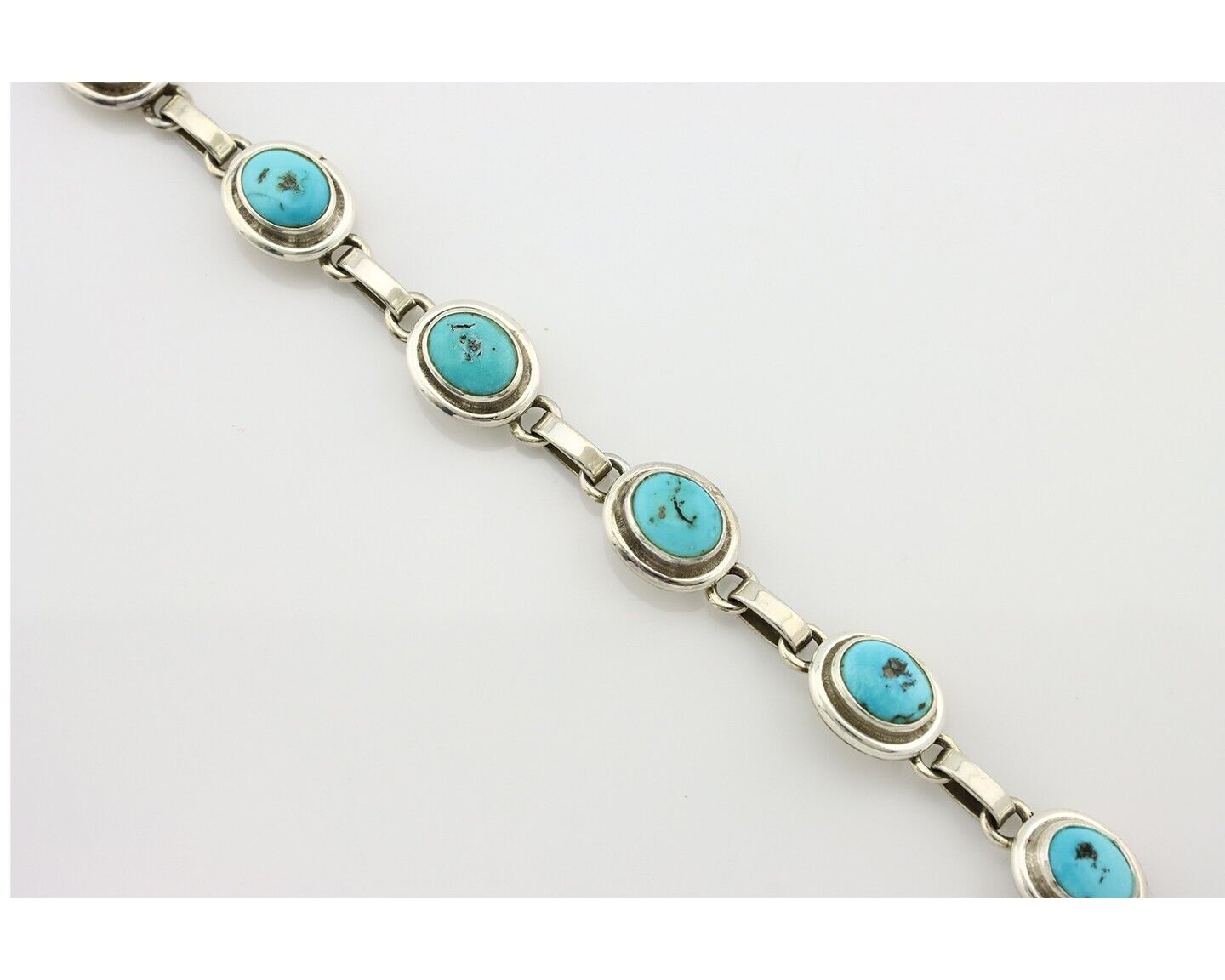 Navajo Link Bracelet .925 Silver Blue Turquoise Native American Artist C.80's