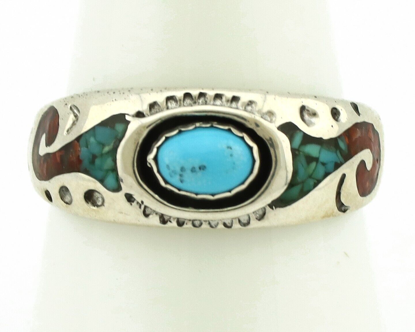 Navajo Handmade Ring 925 Silver Blue Turquoise & Coral Native American C.80's