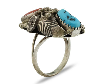 Navajo Handmade Ring 925 Silver Turquiose & Coral Native American Artist C.80's
