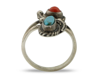 Navajo Handmade Ring 925 Silver Turquiose & Coral Native American Artist C.80's