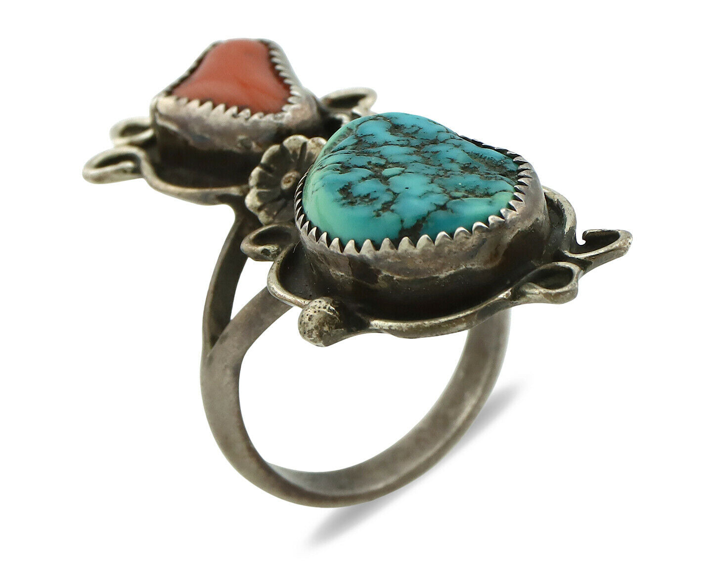 Navajo Ring .925 Silver Turquoise & Coral Native American Artist C.1980's