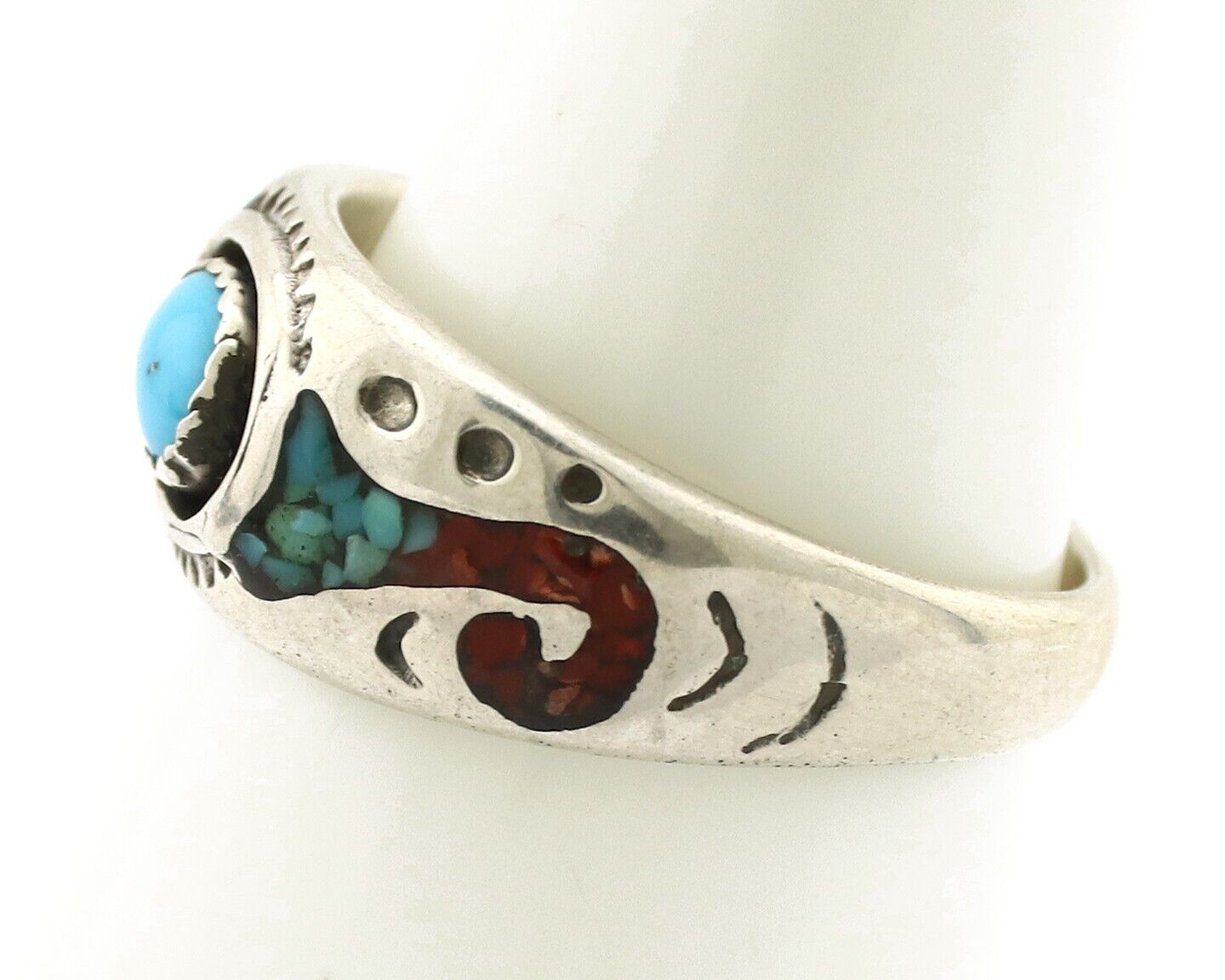 Navajo Handmade Ring 925 Silver Blue Turquoise & Coral Native American C.80's