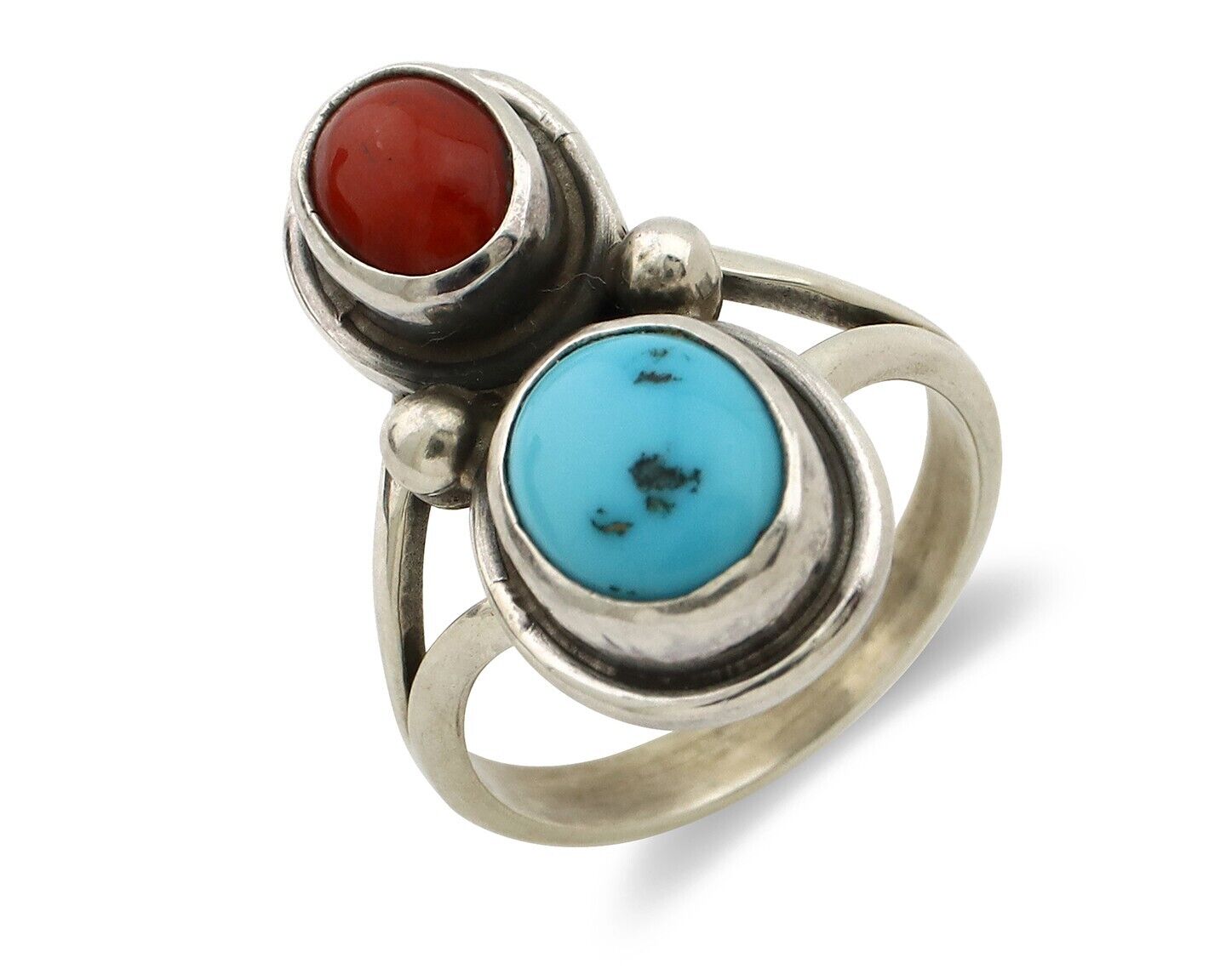 Navajo Inlay Band Ring 925 Silver Turquoise & Coral Native Artist C.80's