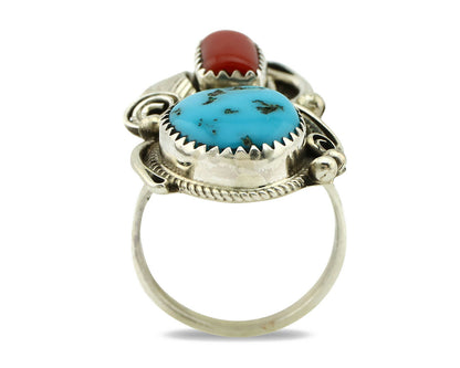 Navajo Ring .925 Silver Turquoise & Coral Artist Signed Justin Morris C.1980's