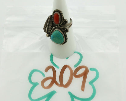 Navajo Ring .925 Silver Turquoise & Coral Native American Artist C.1975's