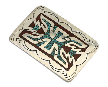 Navajo Belt Buckle 925 Silver Handmade Chip Inlay Native American Artist C.80s