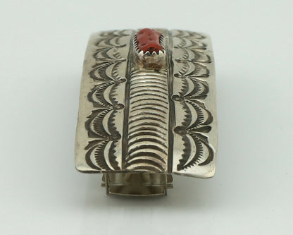 Women's Navajo Hair Clip .925 Silver Inlaid Red Coral Native American Artist 80s