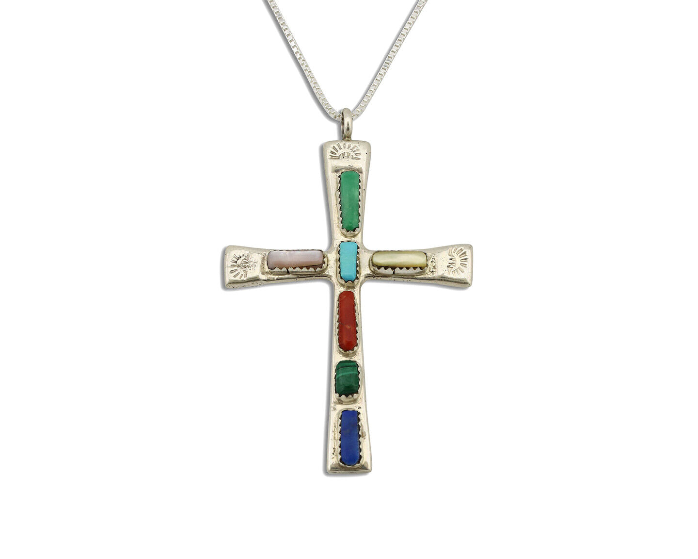 Zuni Handmade Cross Necklace 925 Silver Natural Gemstone Signed W. IULE C.80's