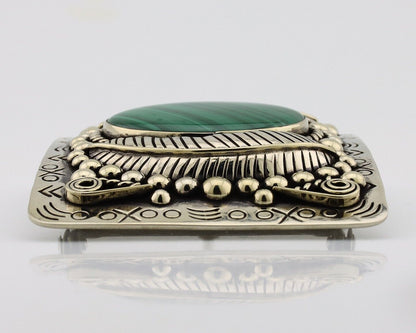 Men Navajo Belt Buckle 999 Nickel Malachite Artist Signed Teepee Handmade C80s