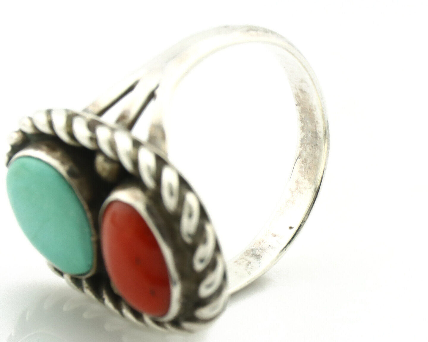 Navajo Ring 925 Silver Coral & Globe Turquoise Native American Artist C.1970's
