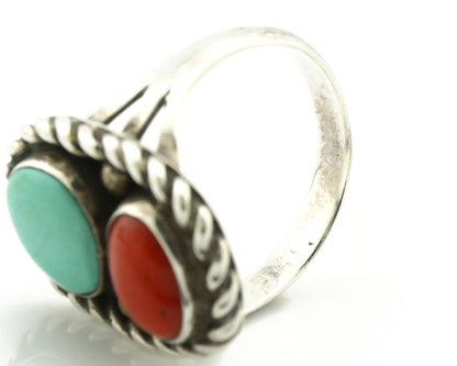 Navajo Ring 925 Silver Coral & Globe Turquoise Native American Artist C.1970's