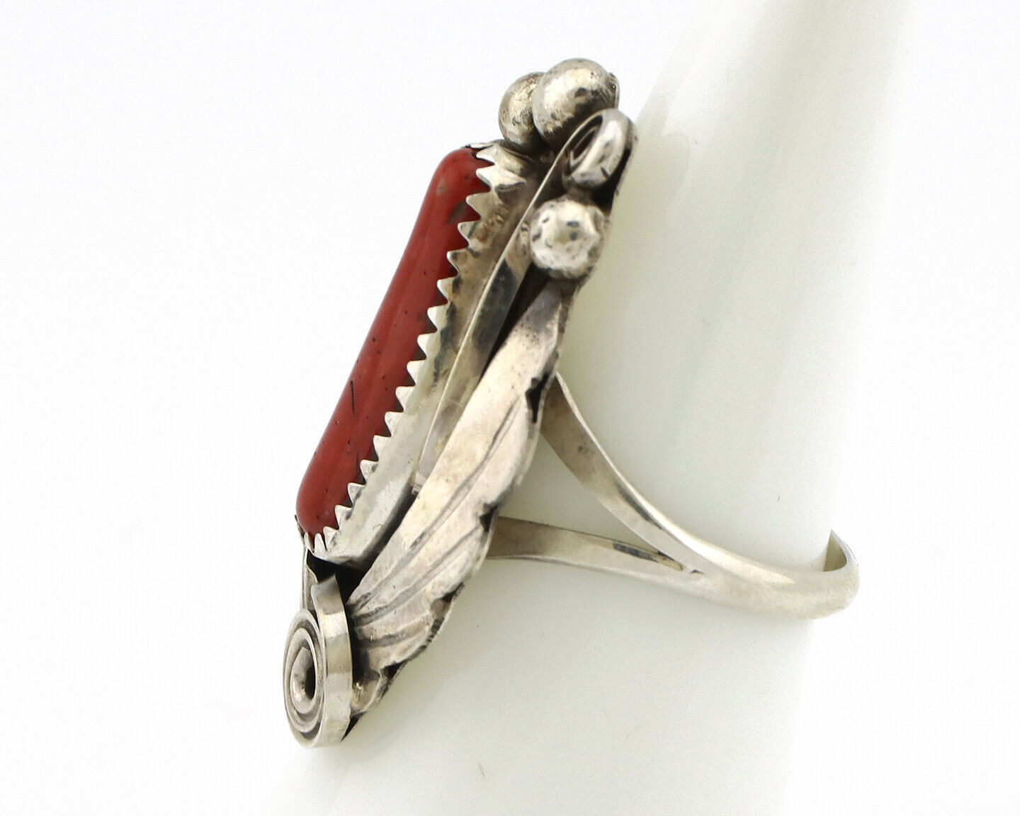 Navajo Ring 925 Silver Mediterranean Coral Artist Signed Justin Morris C.80's