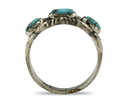 Navajo Ring .925 Silver Natural Blue Turquoise Artist Signed Sun Bell C.80's