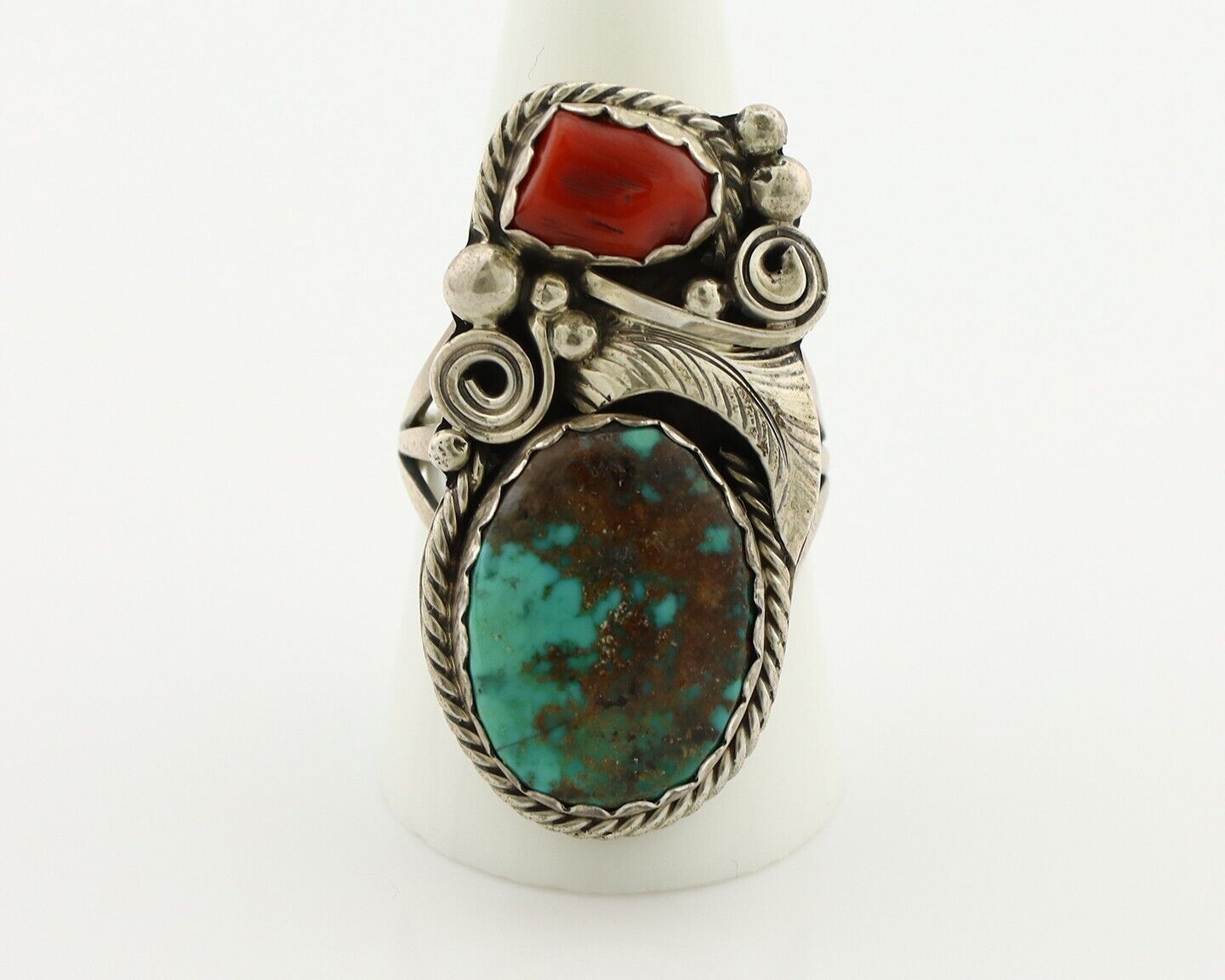 Navajo Ring 925 Silver Blue Turquiose & Coral Artist Signed Justin Morris C.80's