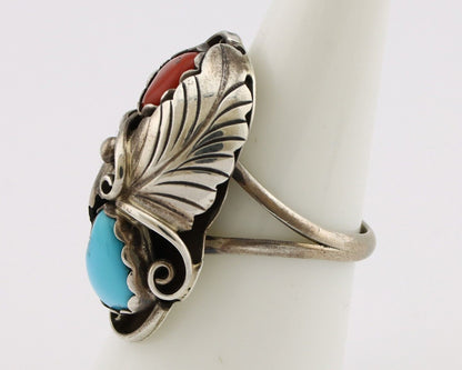 Navajo Handmade Ring 925 Silver Turquiose & Coral Artist Signed E C.80's