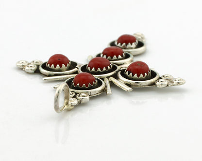 Zuni Handmade Cross Necklace 925 Silver Red Coral Artist Signed NOM? C.80's